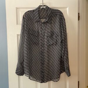 Equipment Femme Signature Silk Houndstooth Button Up Blouse Top Sheer Size L